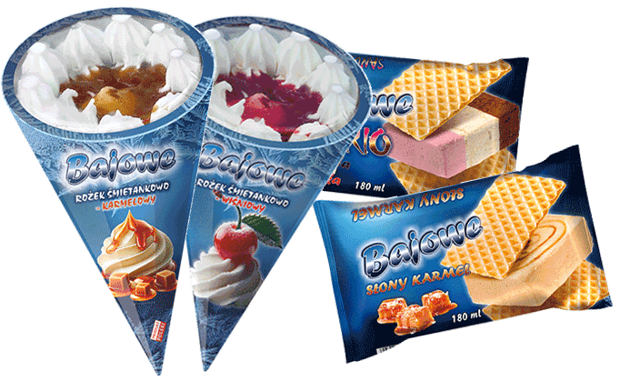 Kolekcja lodów Bajowe: dwa rożki (śmietanka-karmel, śmietanka-wiśnia) i dwie kanapki lodowe (słony karmel, trio)