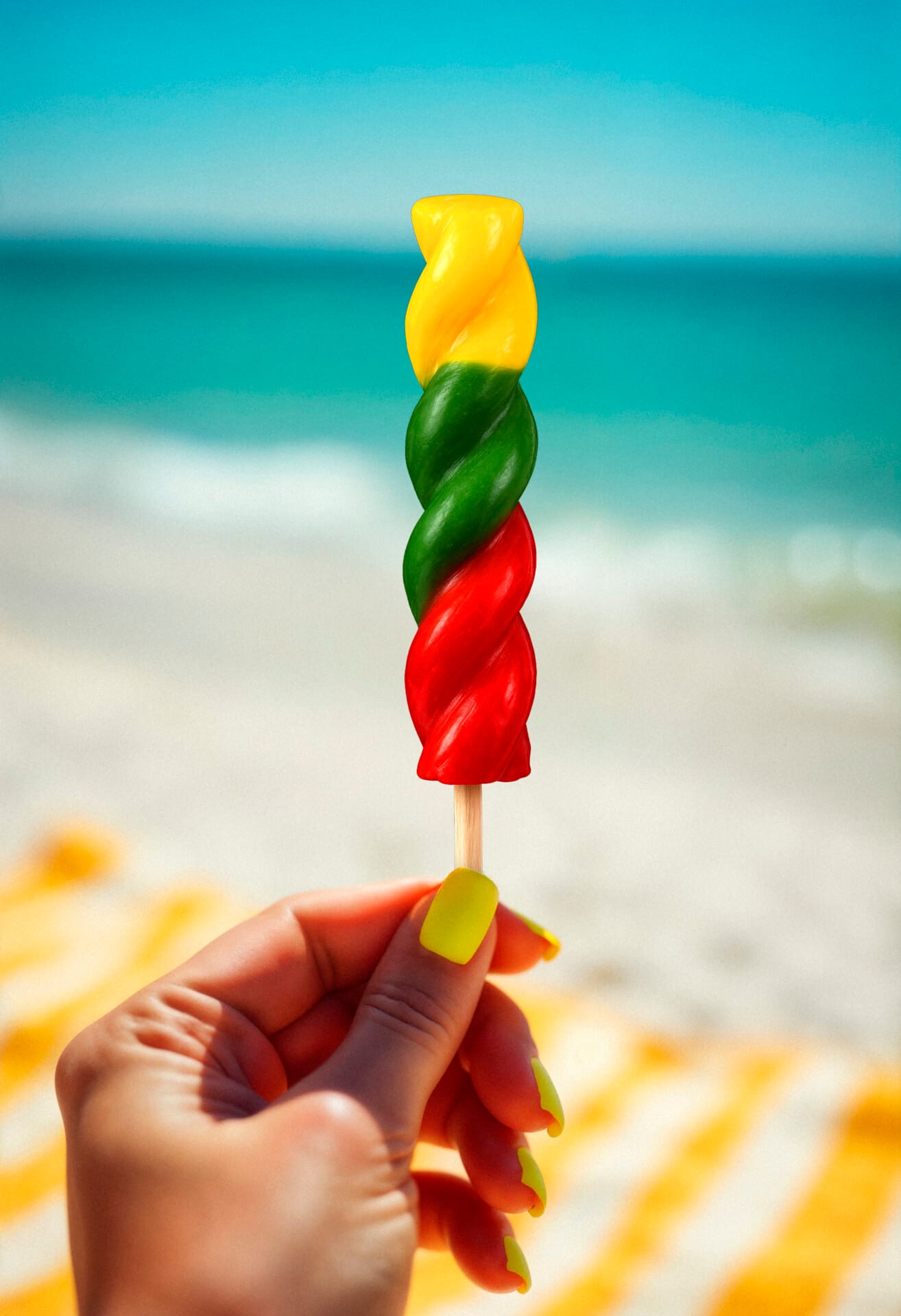 Bajowe Lody SIGMA – ręka trzymająca kolorowego loda świderka na tle słonecznej plaży i morza