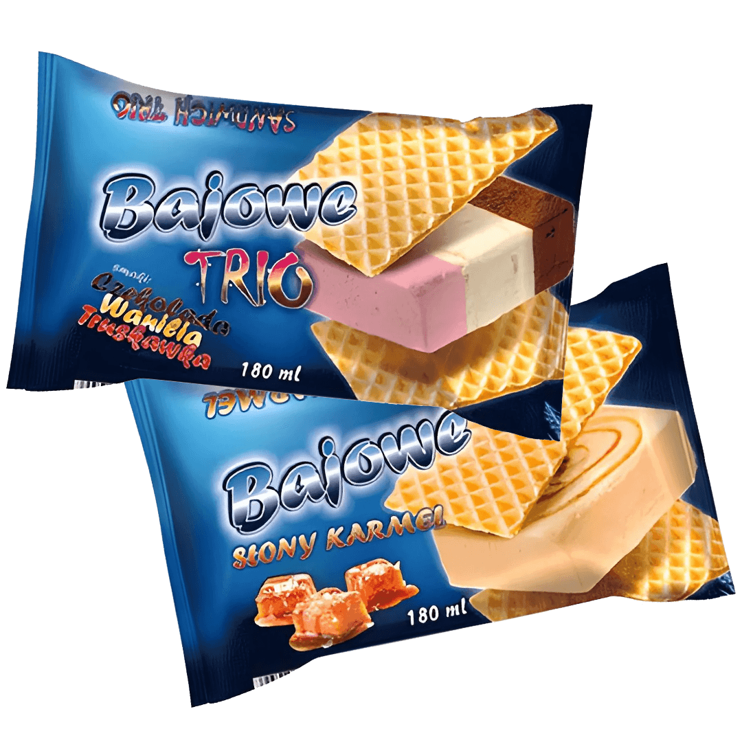 Dwie Bajowe kanapki lodowe: Słony Karmel i Trio (czekolada, wanilia, truskawka)