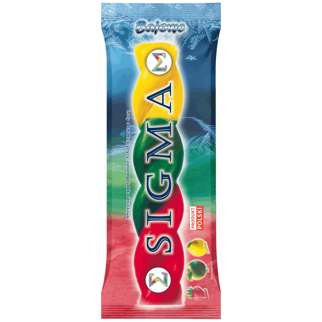 Bajowe Lody SIGMA na patyku w opakowaniu, prezentujące trzy smaki: żółty (cytryna), zielony (jabłko) i czerwony (truskawka), z napisem "PRODUKT POLSKI".