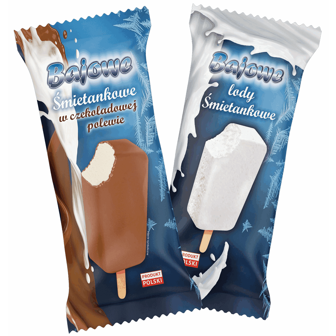 Bajowe Lody Śmietankowe na patyku w dwóch wariantach: klasyczne białe lody w opakowaniu z rozpryskiem mleka i lody w czekoladowej polewie w opakowaniu z rozpryskiem czekolady.