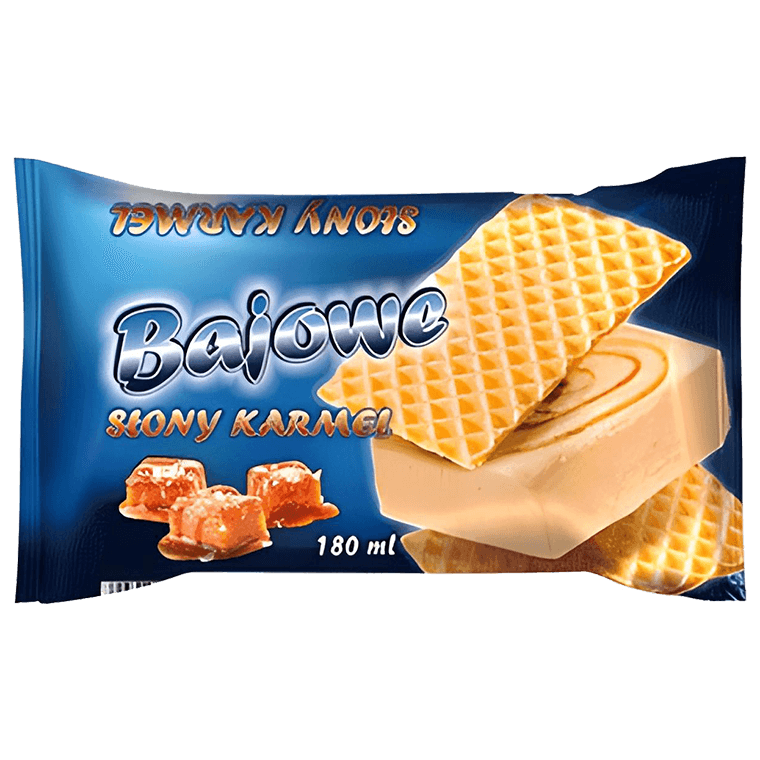 Bajowa kanapka lodowa Słony Karmel z kremowymi lodami i chrupiącym wafelkiem