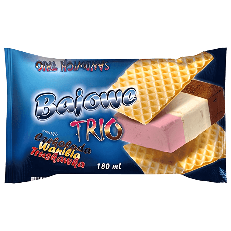 Bajowa kanapka lodowa Trio - czekolada, wanilia, truskawka