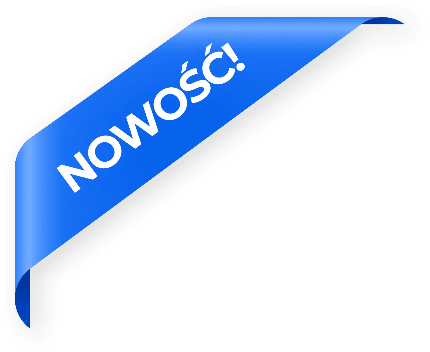 Niebieska wstążka z napisem "NOWOŚĆ!" w kolorze białym, symbolizująca nowy produkt Bajowe Lody.