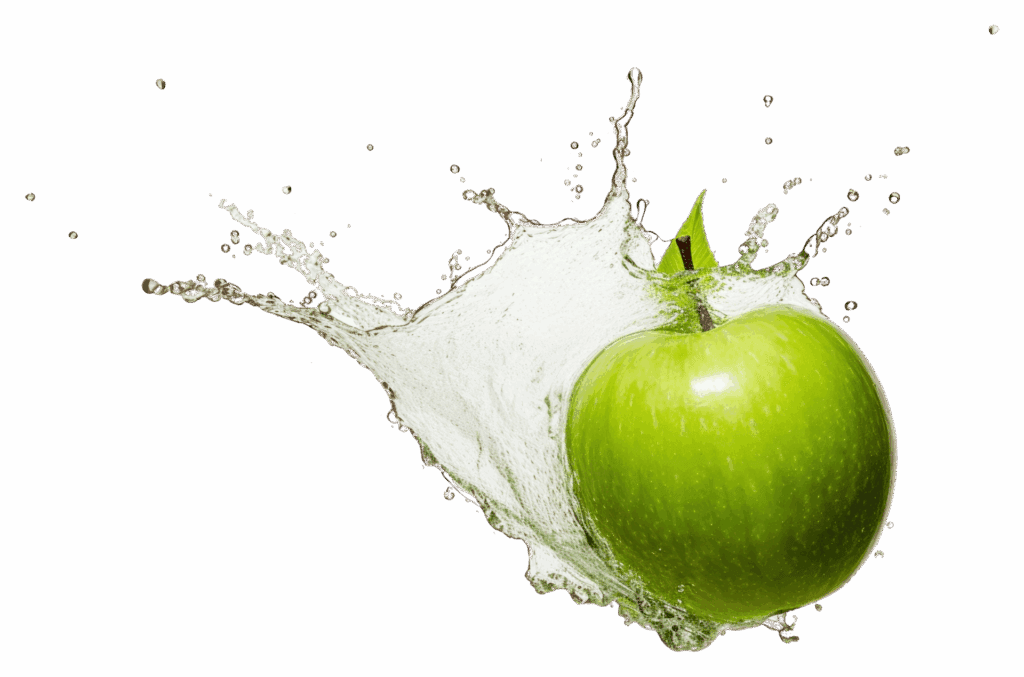 Bajowe Lody – świeże, soczyste zielone jabłko w dynamicznym chlapnięciu wody, składnik smaku SIGMA.