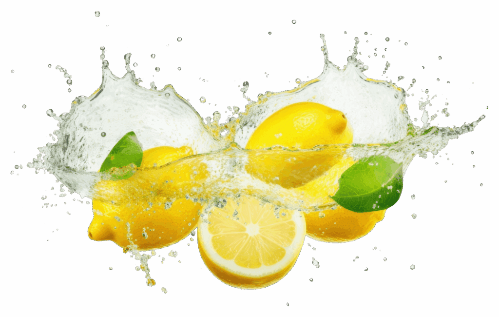 Bajowe Lody – świeże, soczyste cytryny (całe i przekrojone) z zielonymi liśćmi w dynamicznym chlapnięciu wody, składnik smaku SIGMA.