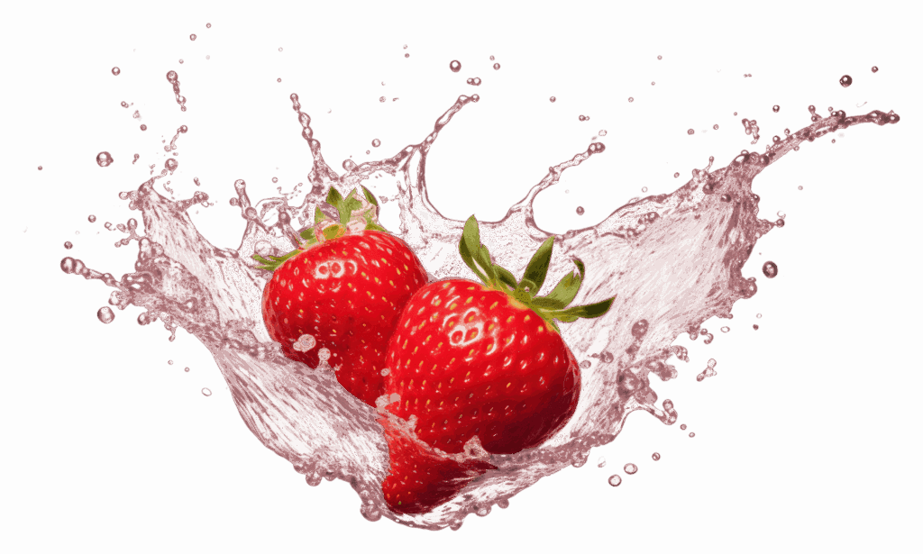 Bajowe Lody – dwie świeże, soczyste truskawki w dynamicznym różowym chlapnięciu, symbolizujące smak SIGMA.