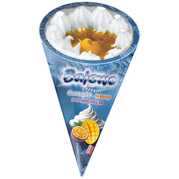 Bajowe Rożek Śmietanka-Mango Sos Marakuja w opakowaniu, z grafiką loda, kawałków mango i marakui.