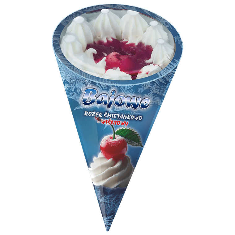 Bajowy rożek lodowy o smaku śmietanka-wiśnia z kwaskowatym sosem wiśniowym