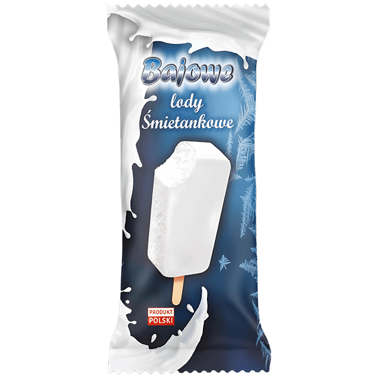 Bajowe Lody Śmietankowe na patyku w opakowaniu, z grafiką loda i rozpryskami mleka, podkreślające jego kremową czystość.