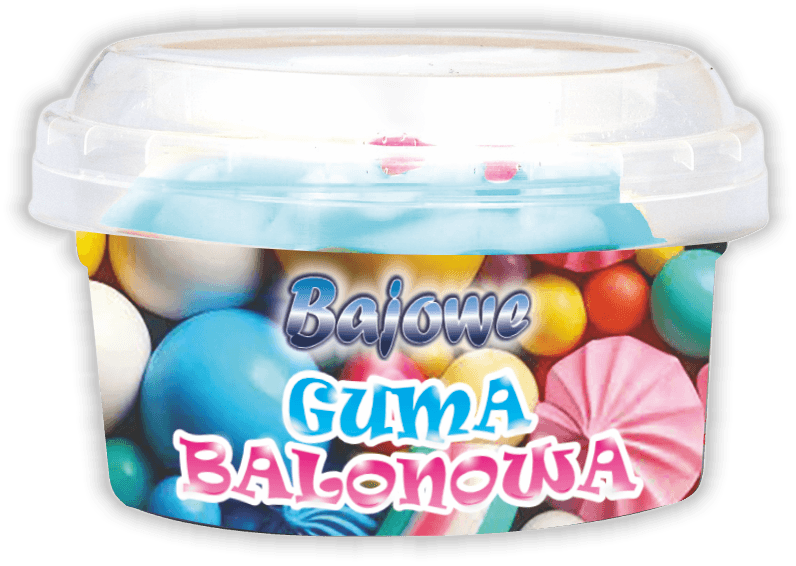 Lody Bajowe Guma Balonowa, opakowanie na przezroczystym tle. Wyraźnie widoczne logo Bajowe i nazwa smaku.