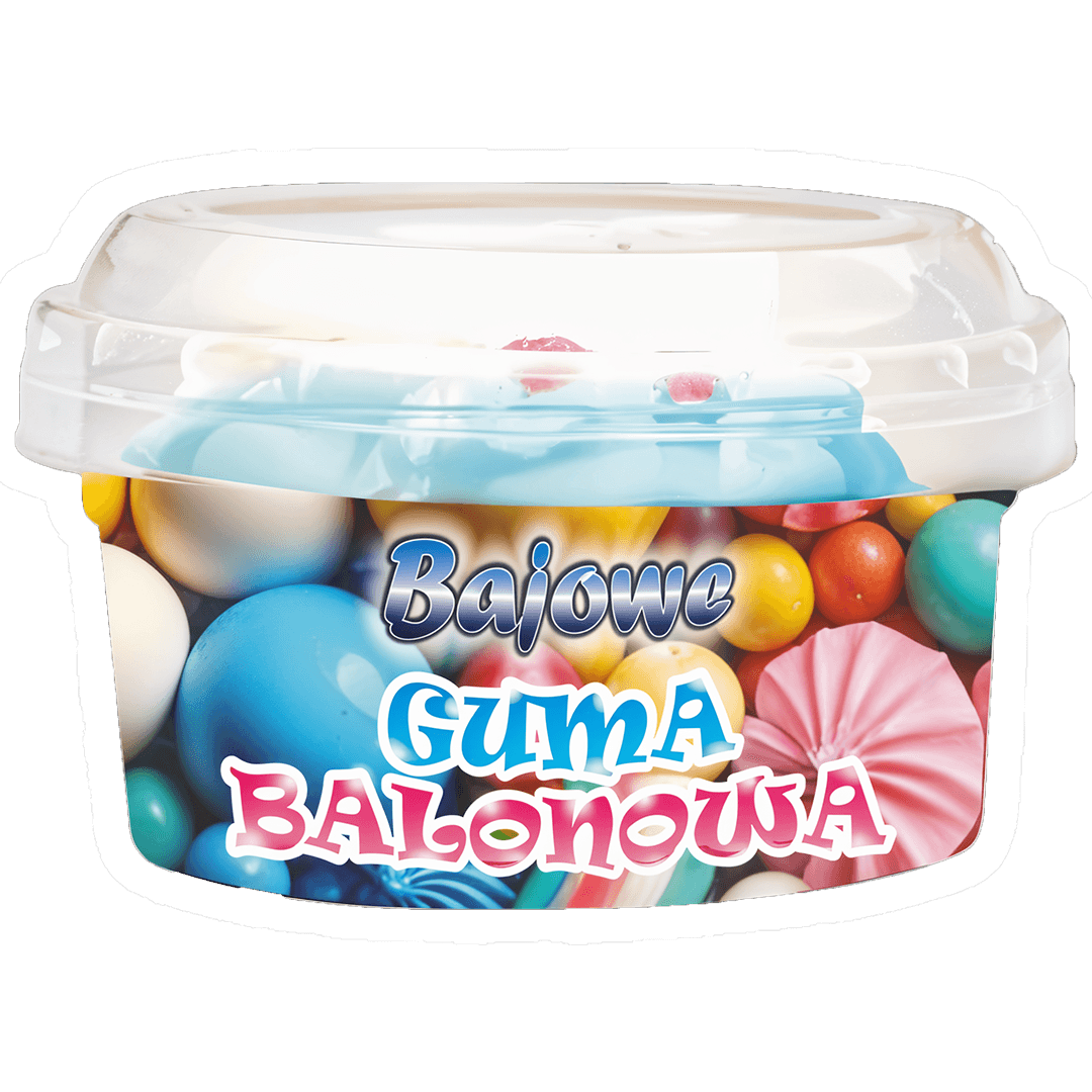Lody Bajowe Guma Balonowa, opakowanie na przezroczystym tle. Wyraźnie widoczne logo Bajowe i nazwa smaku.