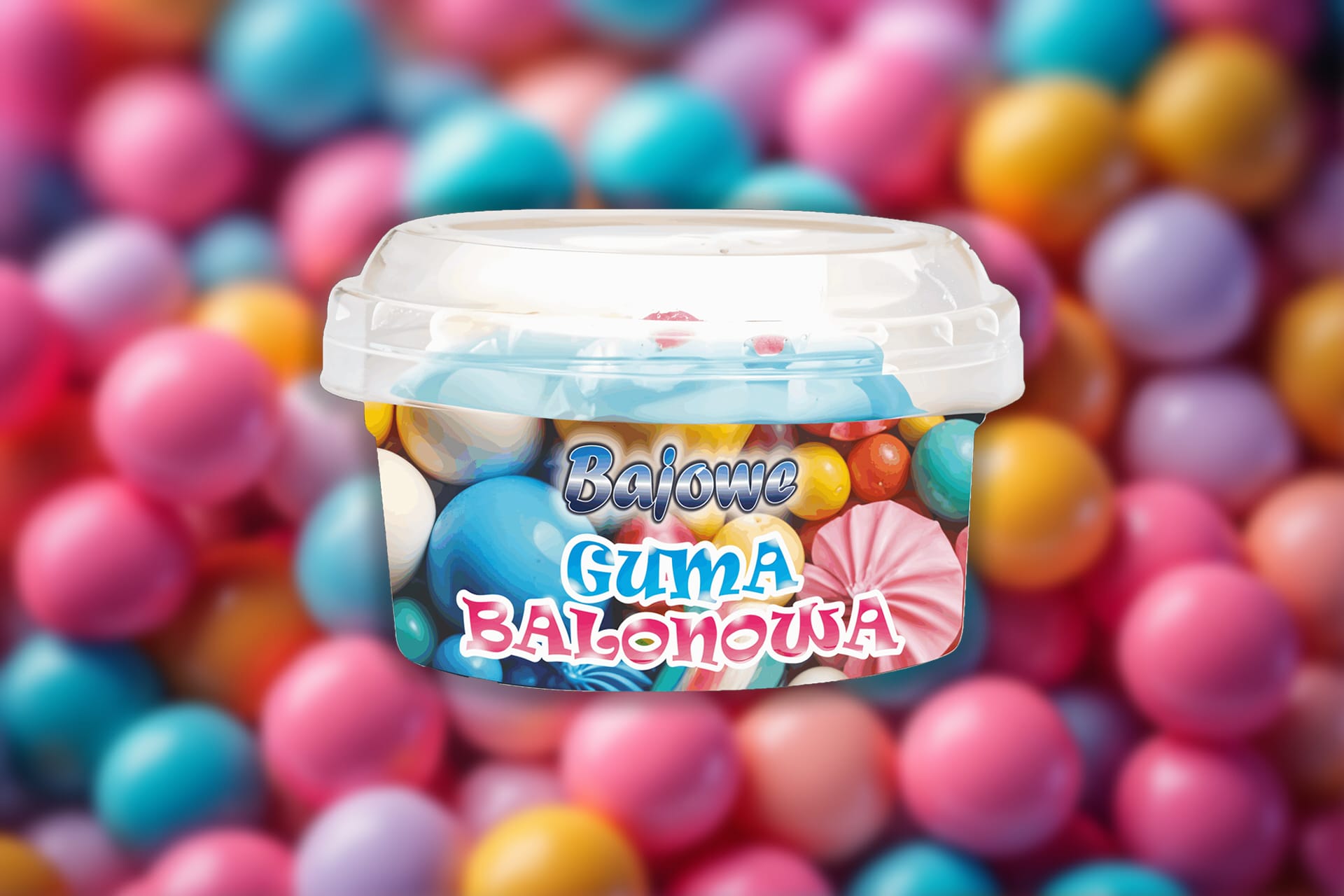 Lody Bajowe Guma Balonowa w opakowaniu, na tle różowo-niebieskiego splashu i rozsypanych kolorowych kulek gum balonowych.