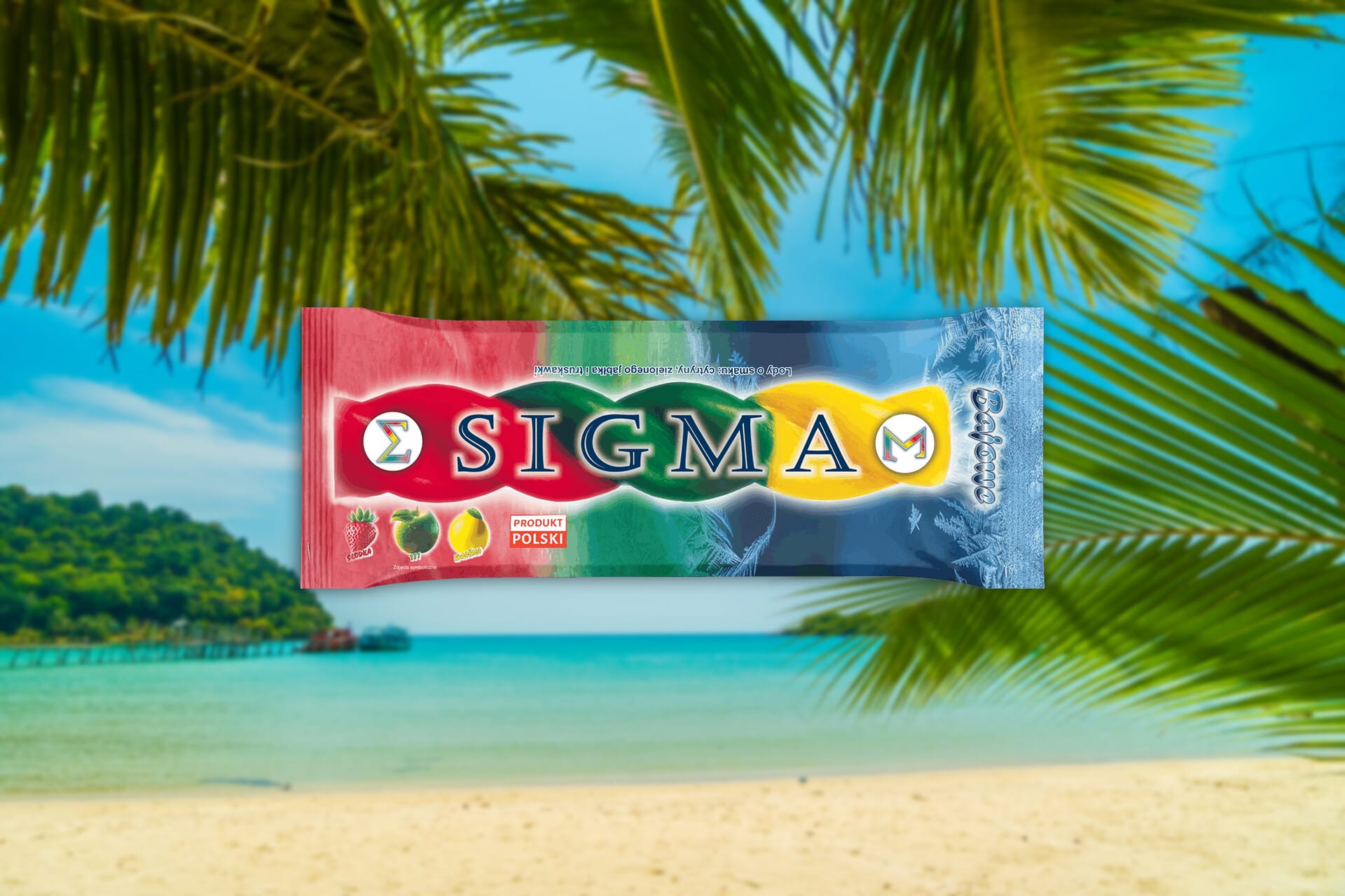 Lody Sigma na plaży z owocami: truskawka, jabłko, cytryna. Reklama "Sigma dla każdego!".